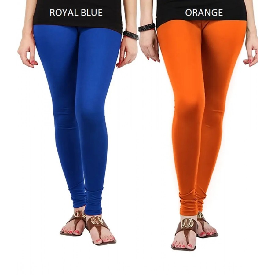 Stylish Cotton Lycra Blend Solid Leggings For Women (Royal Blue, Orange)