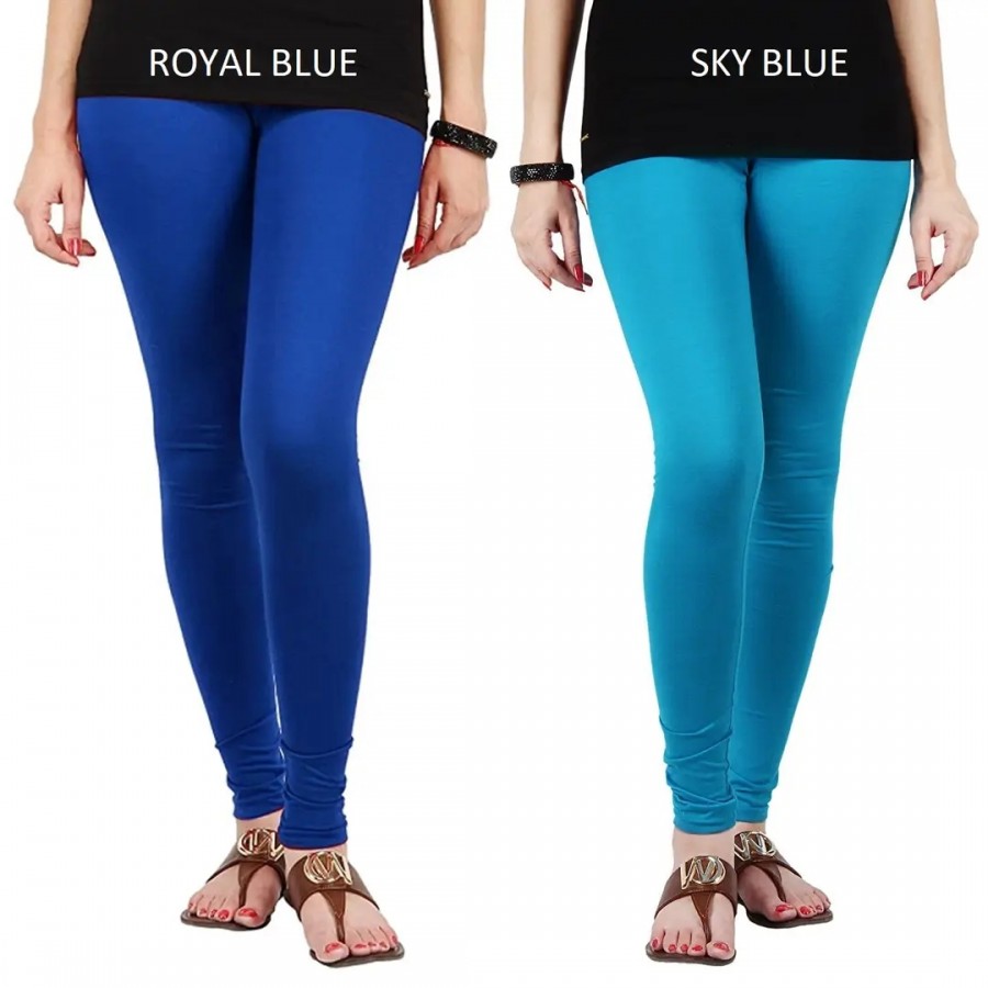 Stylish Cotton Lycra Blend Solid Leggings For Women (Royal Blue, Sky Blue)