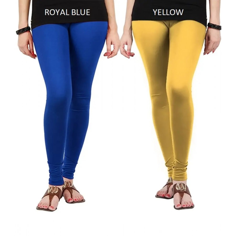 Stylish Cotton Lycra Blend Solid Leggings For Women (Royal Blue, Yellow)