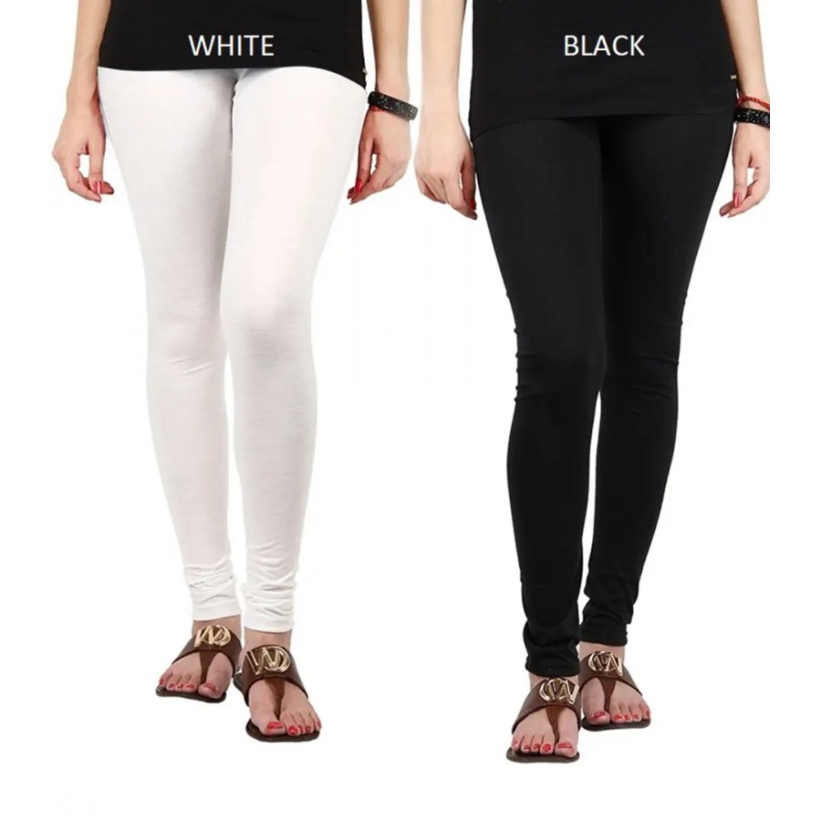 Stylish Cotton Lycra Blend Solid Leggings For Women (White, Black)