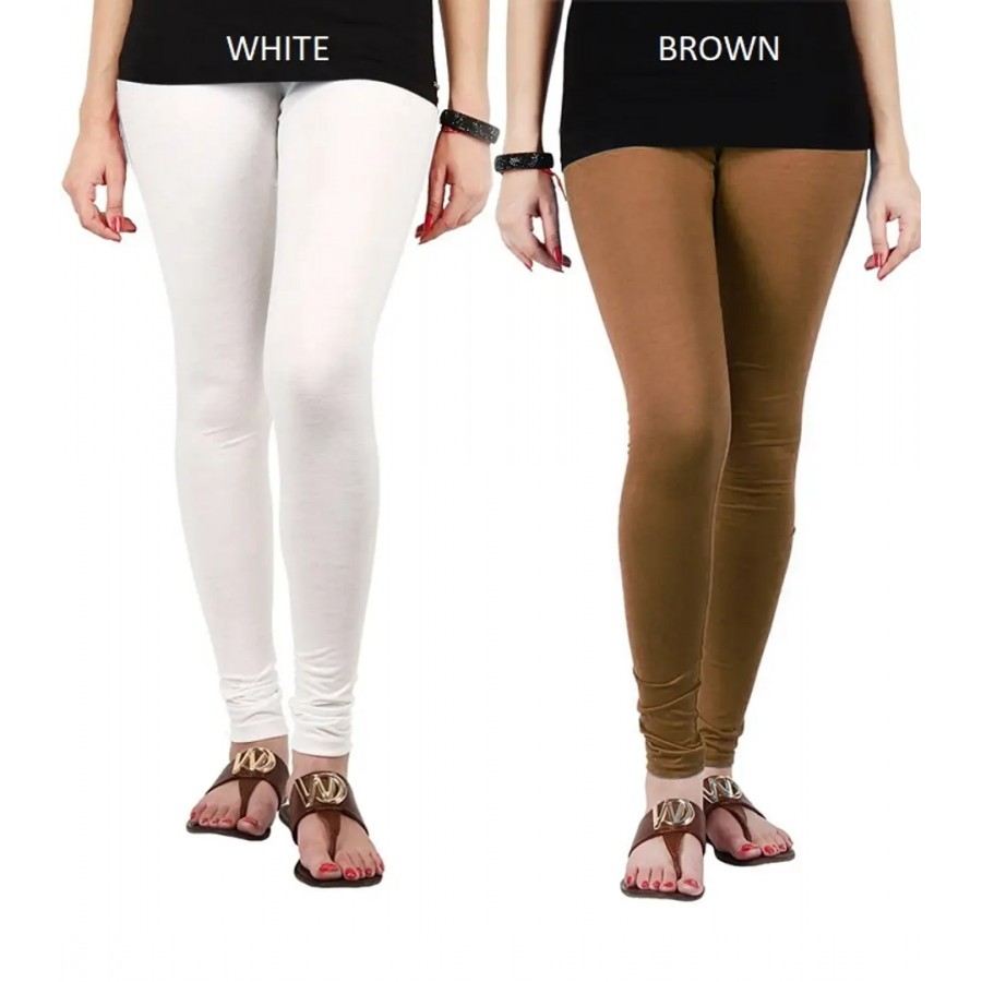 Stylish Cotton Lycra Blend Solid Leggings For Women (White, Brown)