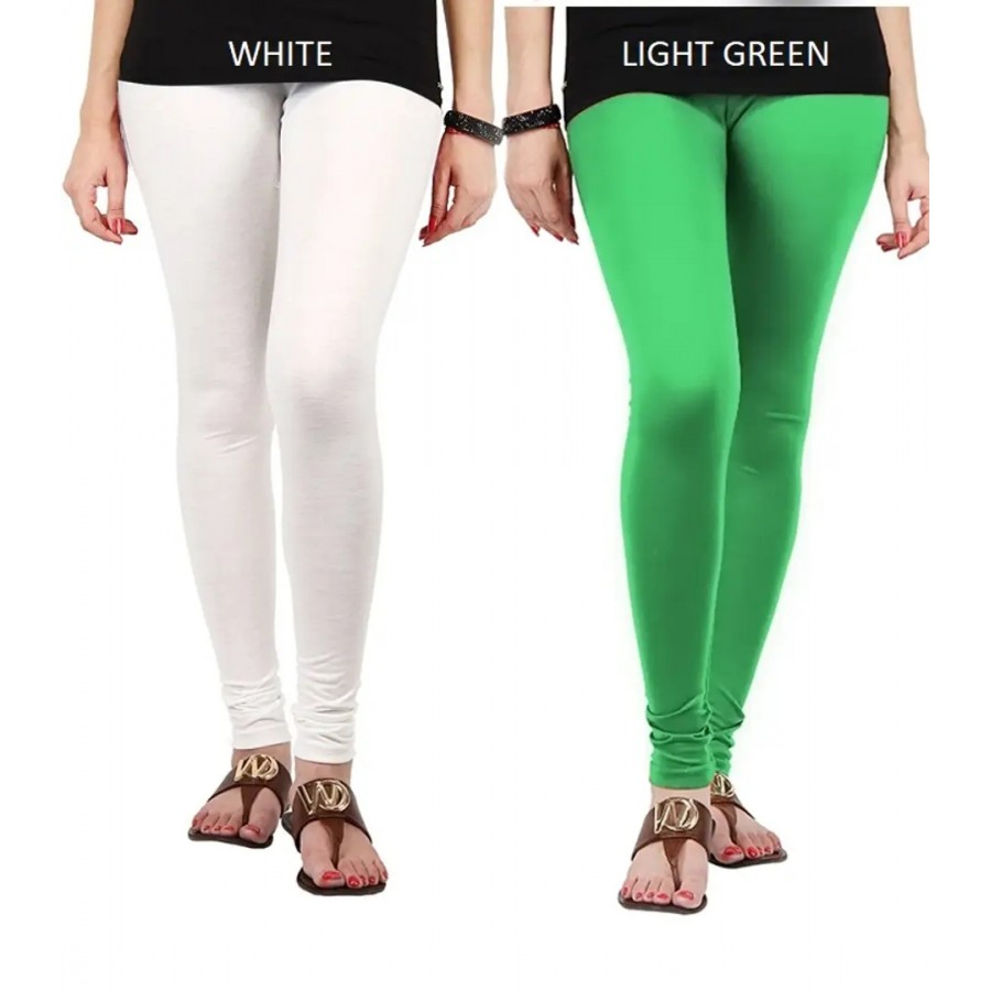 Stylish Cotton Lycra Blend Solid Leggings For Women (White, Light Green)