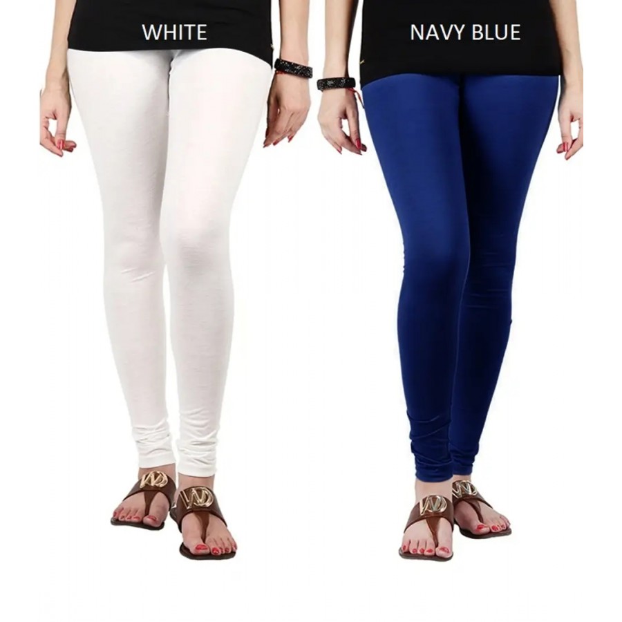 Stylish Cotton Lycra Blend Solid Leggings For Women (White, Navy Blue)