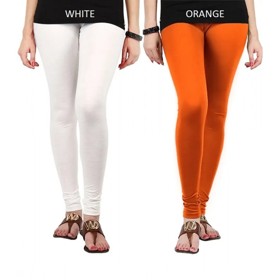 Stylish Cotton Lycra Blend Solid Leggings For Women (White, Orange)