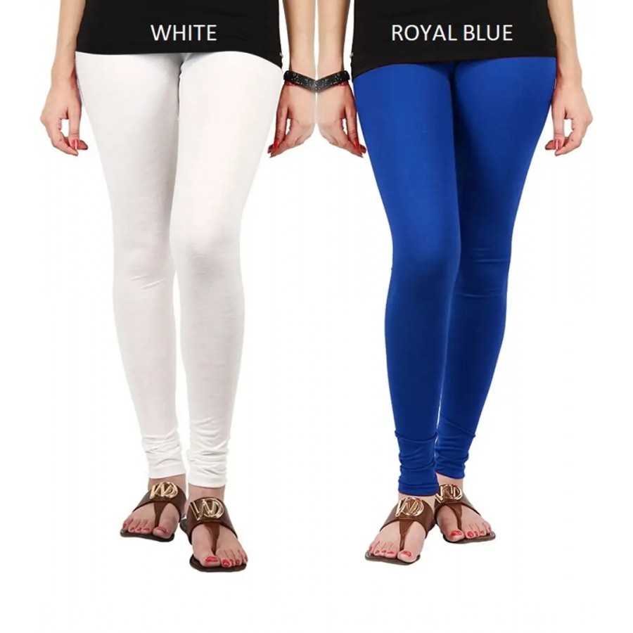 Stylish Cotton Lycra Blend Solid Leggings For Women (White, Royal Blue)