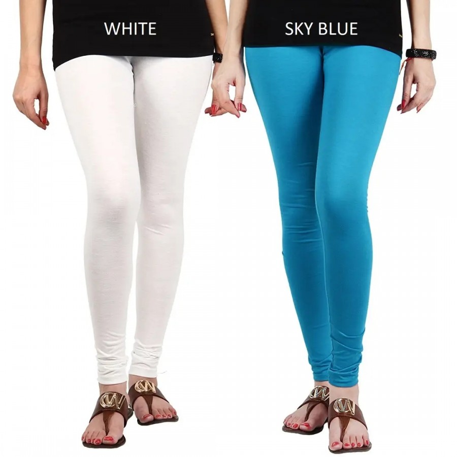 Stylish Cotton Lycra Blend Solid Leggings For Women (White, Sky Blue)