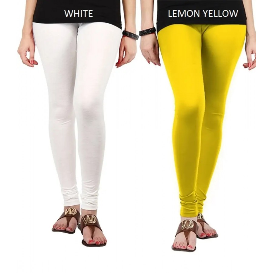 Stylish Cotton Lycra Blend Solid Leggings For Women (White, Yellow)