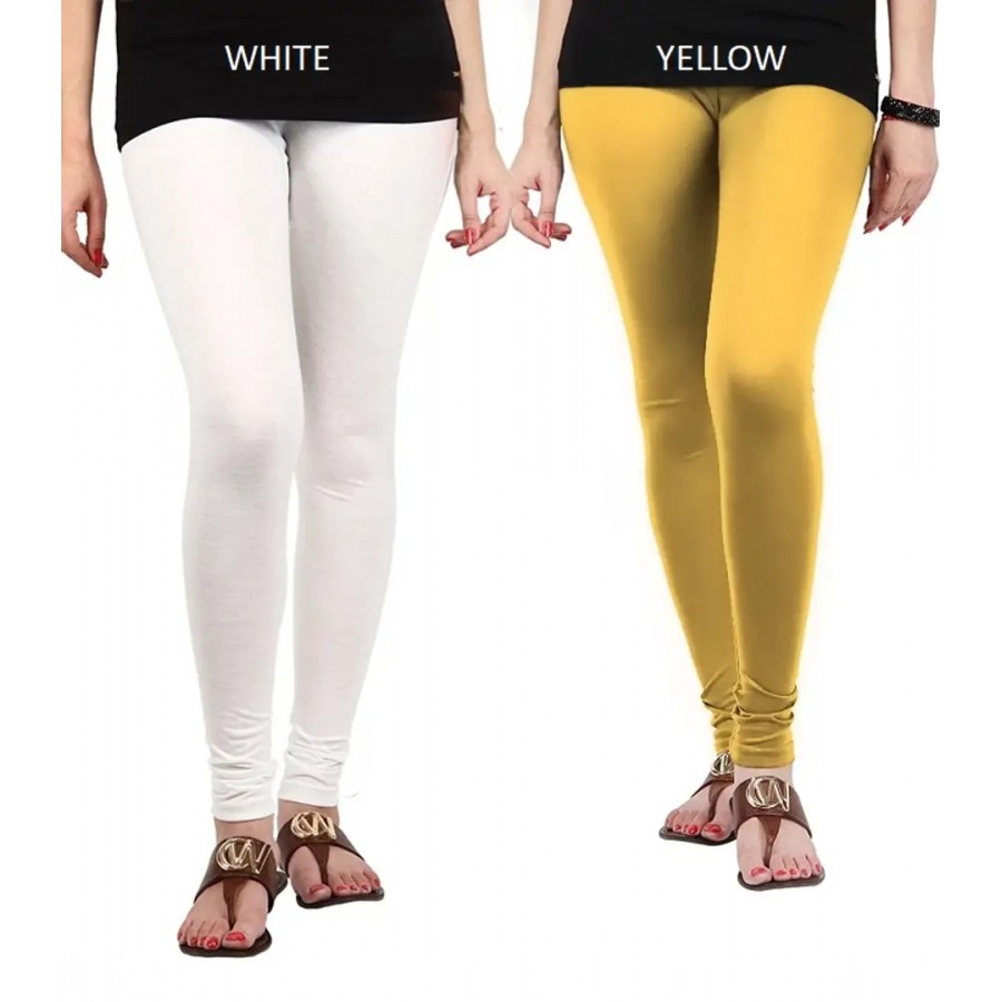 Stylish Cotton Lycra Blend Solid Leggings For Women (White, Yellow)