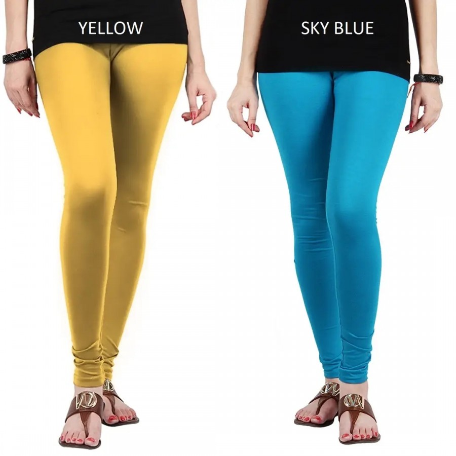 Stylish Cotton Lycra Blend Solid Leggings For Women (Yellow, Sky Blue)