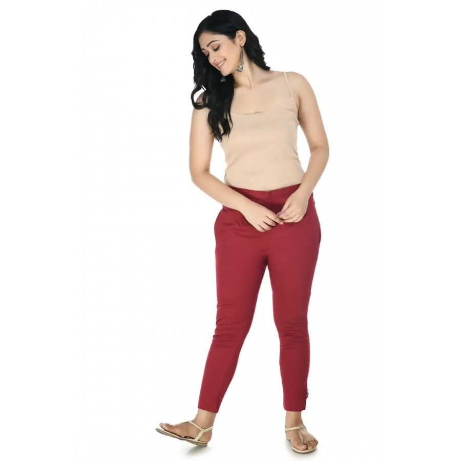 Stylish Cotton Maroon Solid Slim Fit Elasticated Waist Ethnic Pant For Women