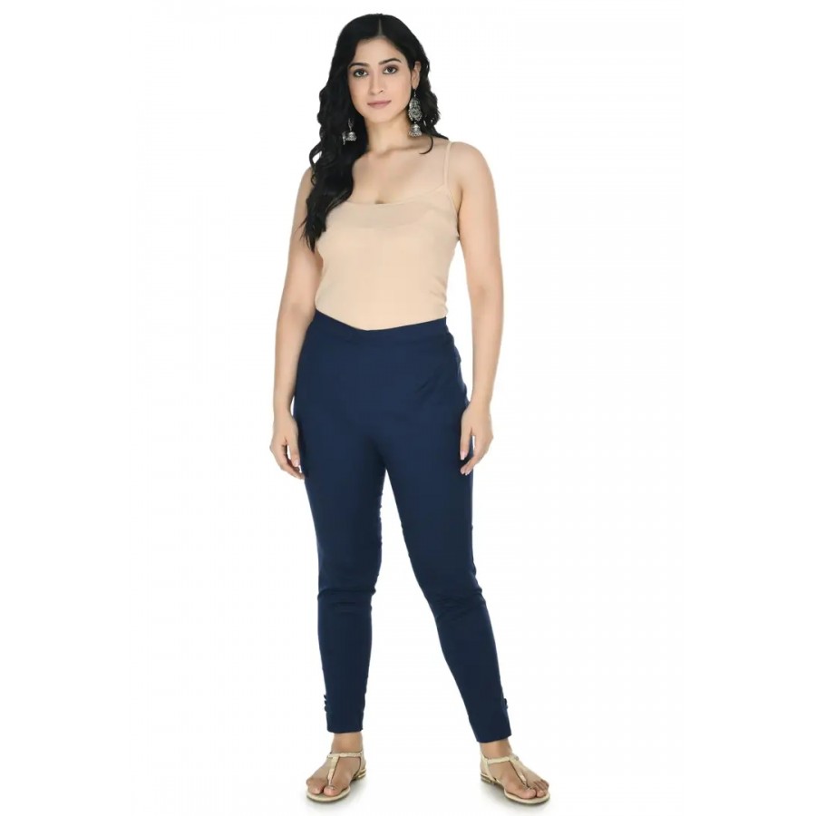 Stylish Cotton Navy Blue Solid Slim Fit Elasticated Waist Ethnic Pant For Women