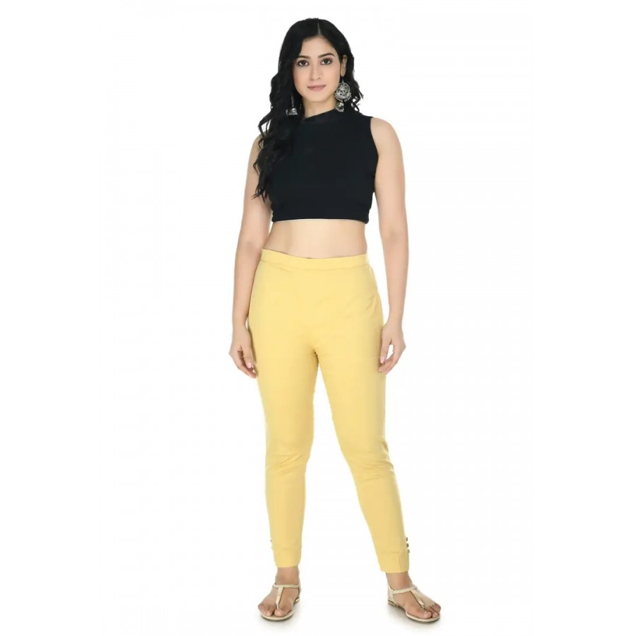 Stylish Cotton Yellow Solid Slim Fit Elasticated Waist Ethnic Pant For Women