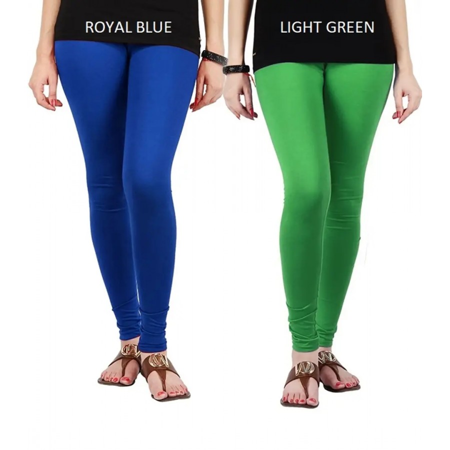 Stylish Cotton Lycra Blend Solid Leggings For Women (Royal Blue, Light Green)