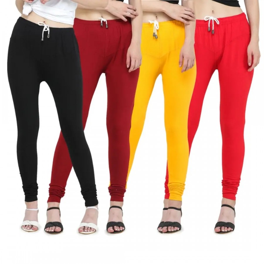 Trendy Cotton Blend Churidar Legging With Drawstring Waistband Combo of 4