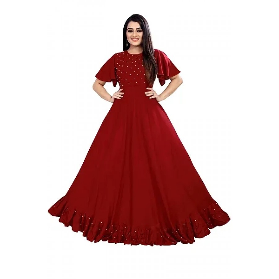 4JSTAR Women's ruffle moti stone anarkali gown (maroon, Medium)