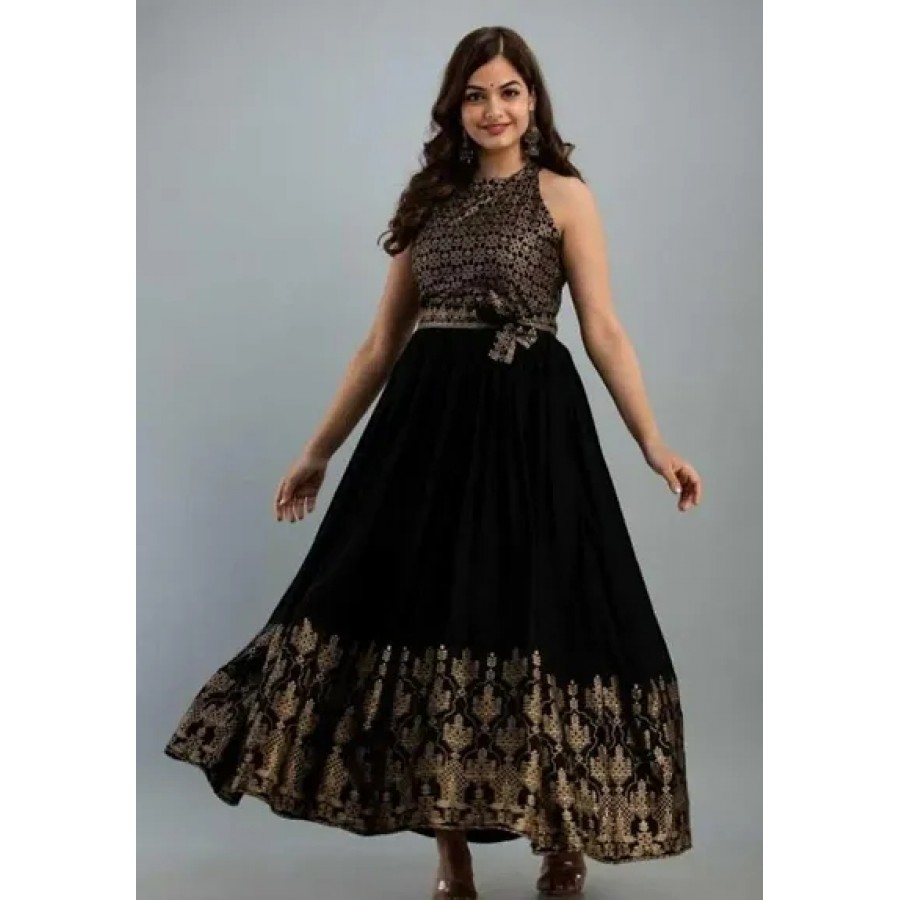 Beautiful Gold Printed Rayon Ethnic Gown For Women