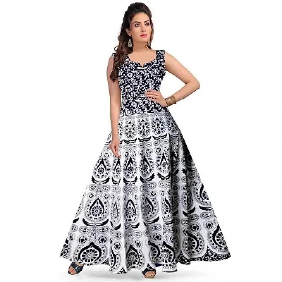 Black Cotton Printed Ethnic Gowns For Women