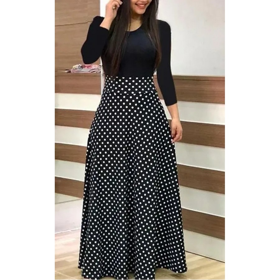 Black Crepe Polka Dot Print Ethnic Gowns For Women