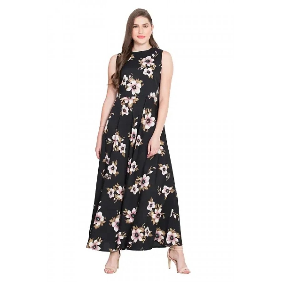 Black Crepe Printed Gown For Women's