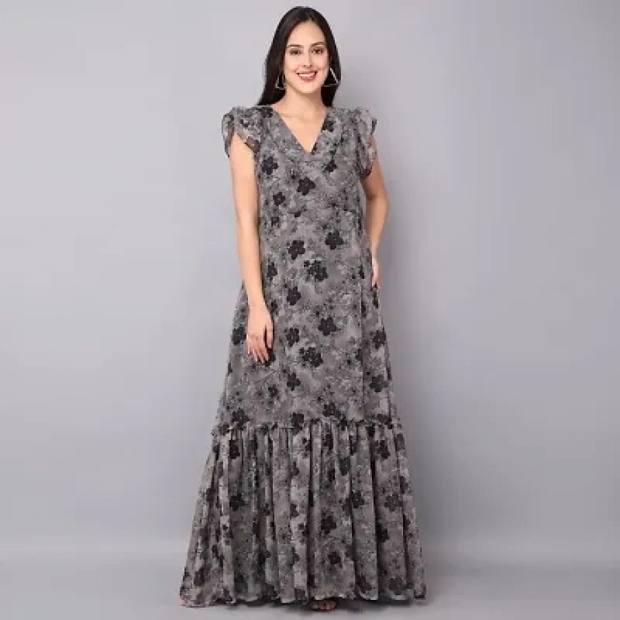 Black Printed Georgette Stitched Flared/Western Gown