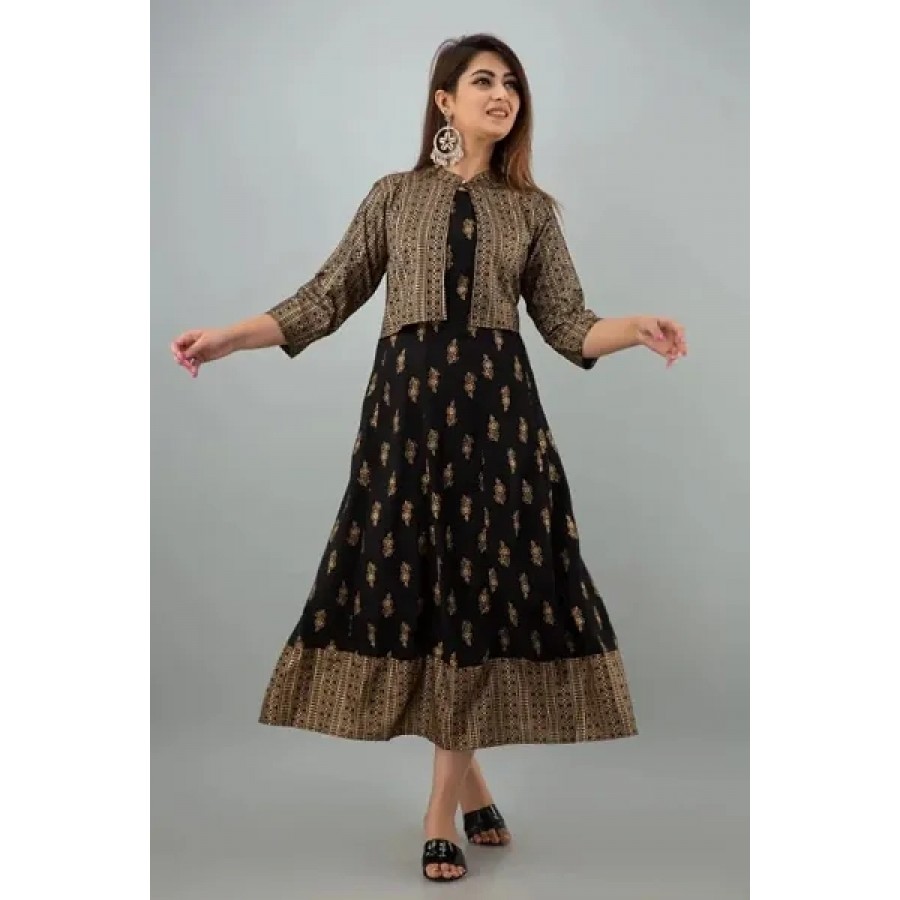 Black Rayon Block Print Ethnic Gowns For Women