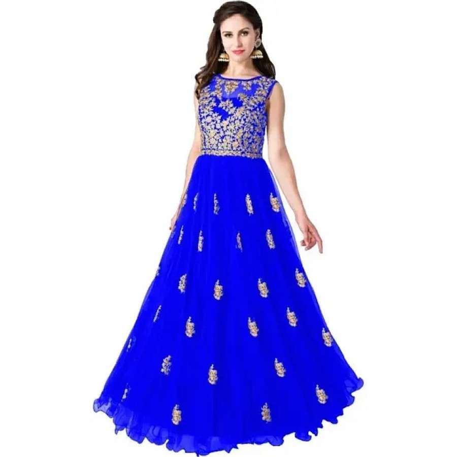 Blue Net Embroidered Ethnic Gowns For Women