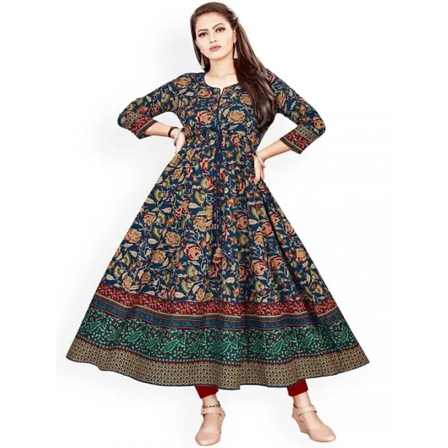 Blue Rayon Printed Ethnic Gowns For Women