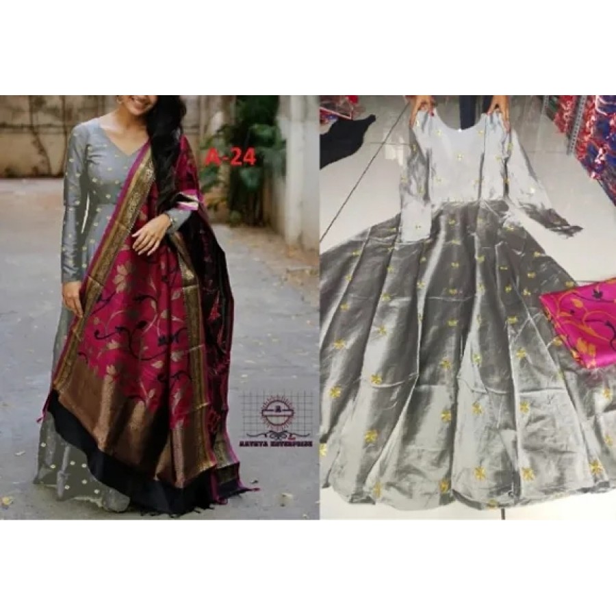 Designer Taffeta Silk Readymade Gown With Dupatta Set