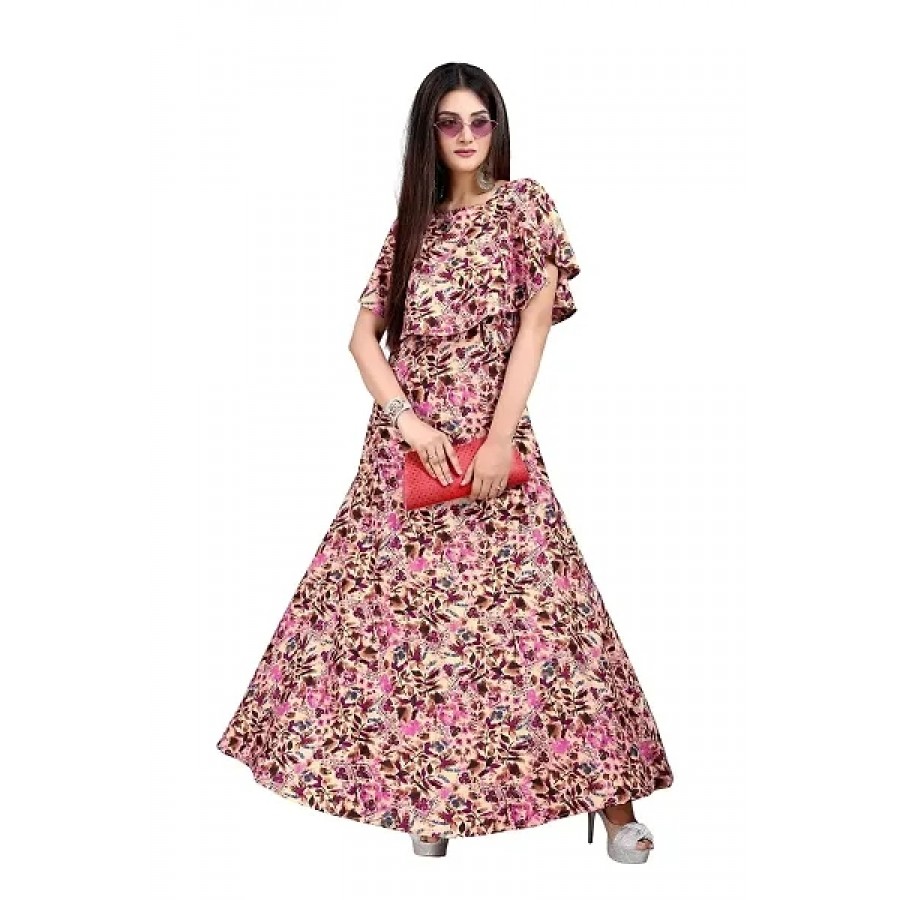 Dsk Studio Beige Crepe Floral Printed  Cape Ruffle Sleeves Anarkali Gown