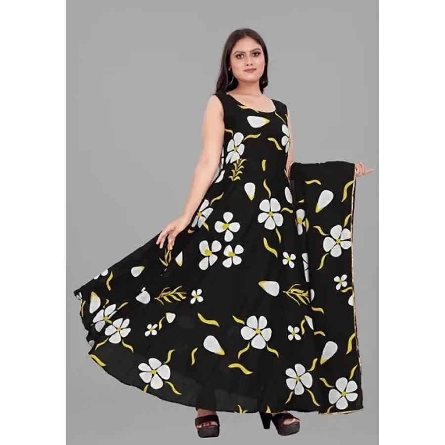 Elegant Black Printed Georgette Flared Gown With Dupatta