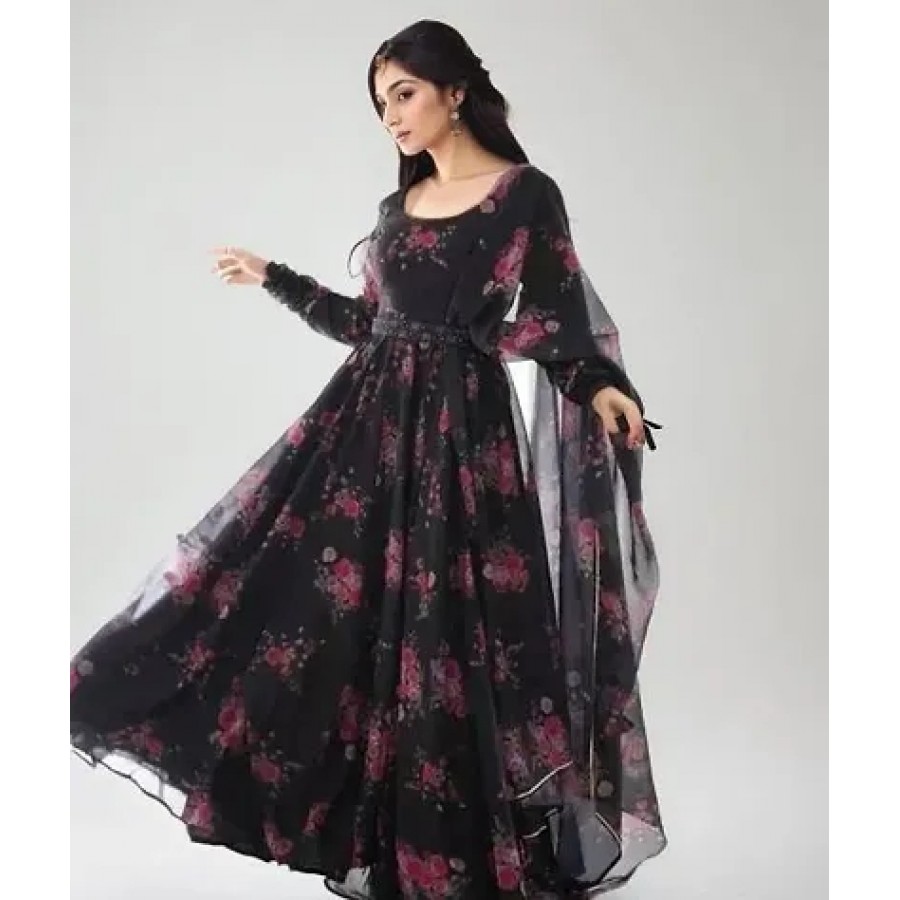 Elegant Black Printed Georgette Flared Gown With Dupatta