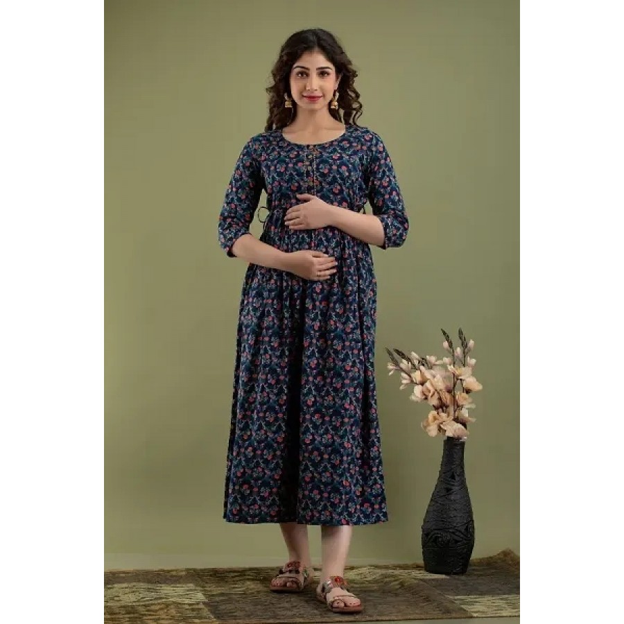 Elegant Blue Cotton Printed Maternity Gown For Women