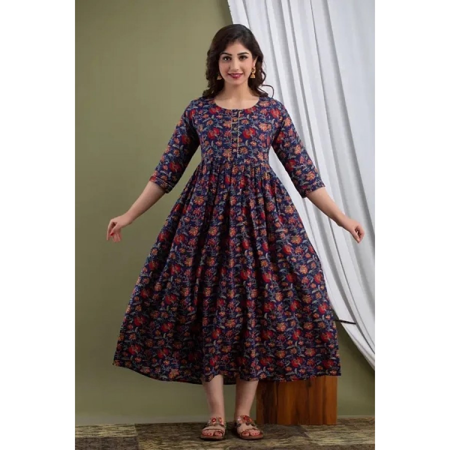 Elegant Blue Cotton Printed Maternity Gown For Women