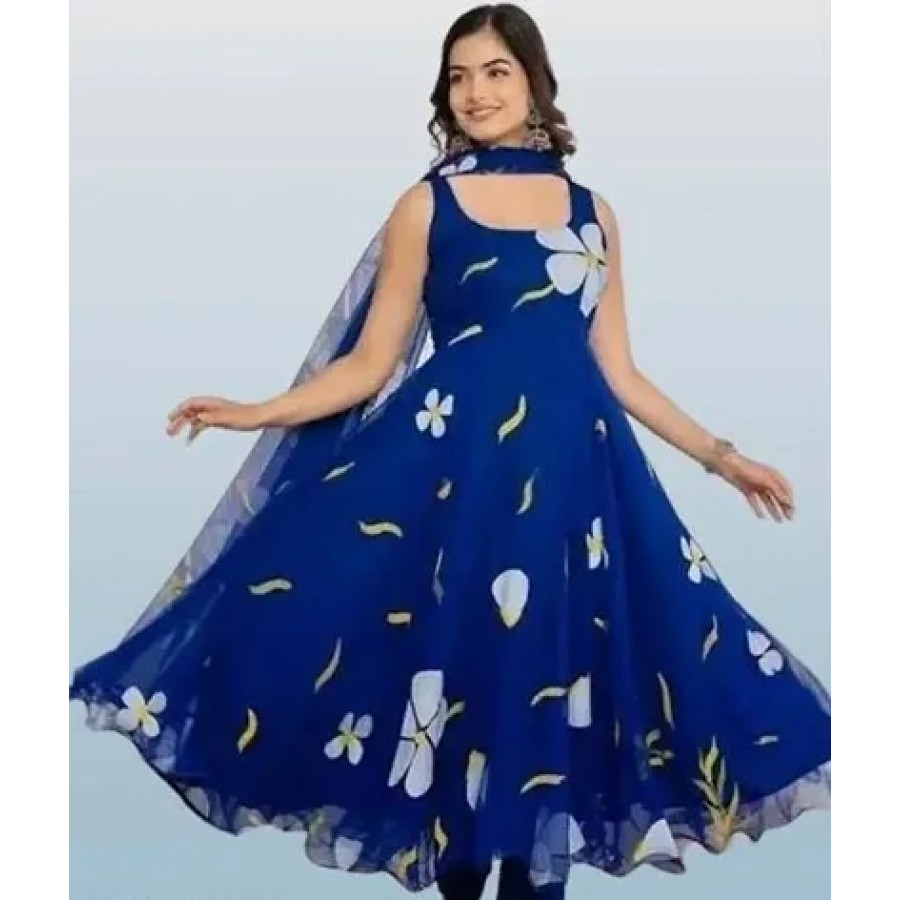 Elegant Blue Printed Georgette Flared Gown With Dupatta