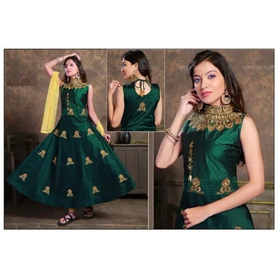 Elegant Embroidered Taffeta Silk Gown And Leggings With Dupatta Set For Women