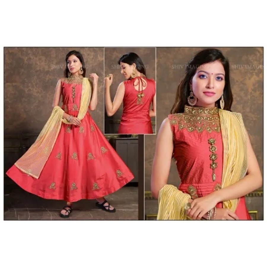 Elegant Embroidered Taffeta Silk Gown And Leggings With Dupatta Set For Women