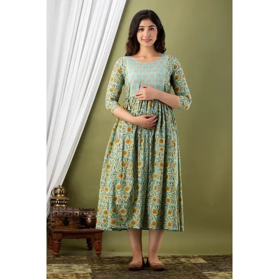 Elegant Green Cotton Printed Maternity Gown For Women