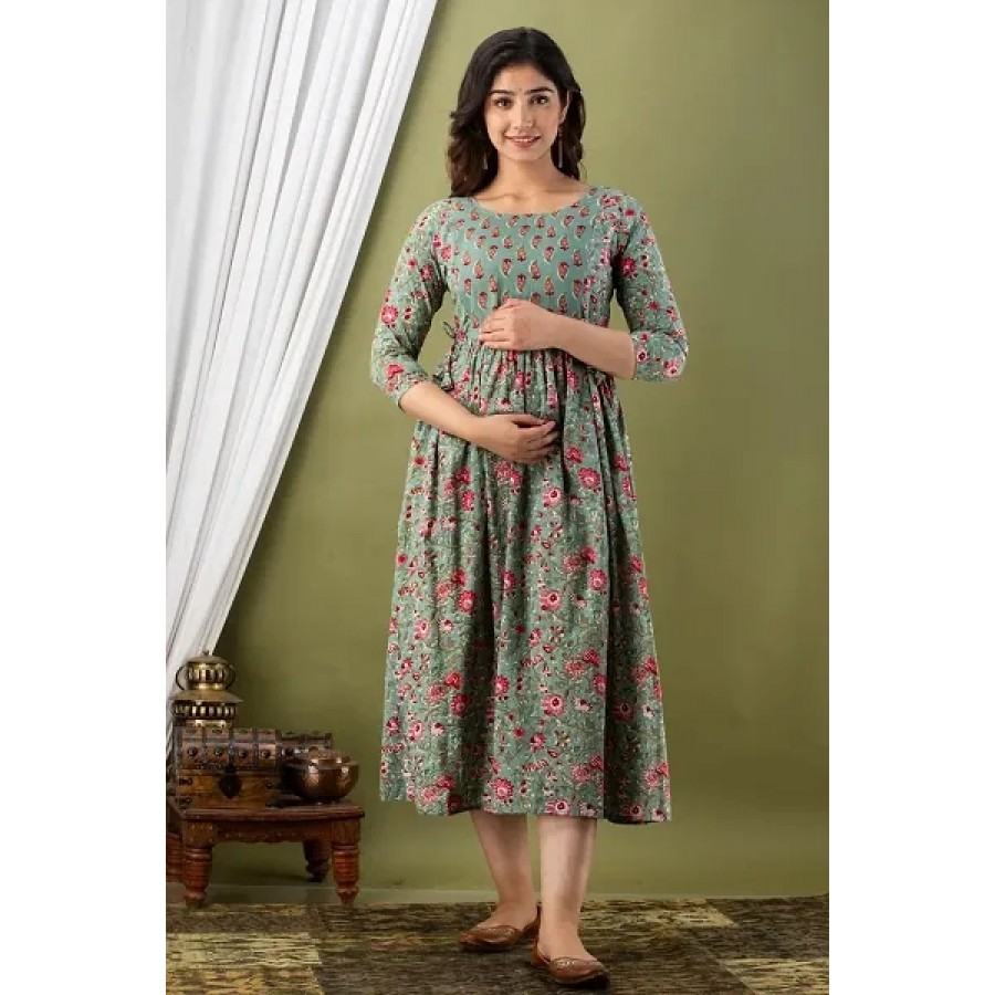 Elegant Green Cotton Printed Maternity Gown For Women