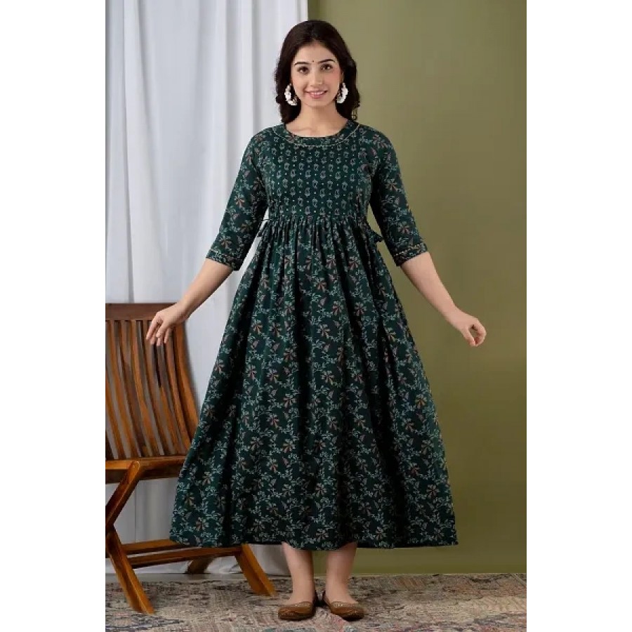 Elegant Green Cotton Printed Maternity Gown For Women