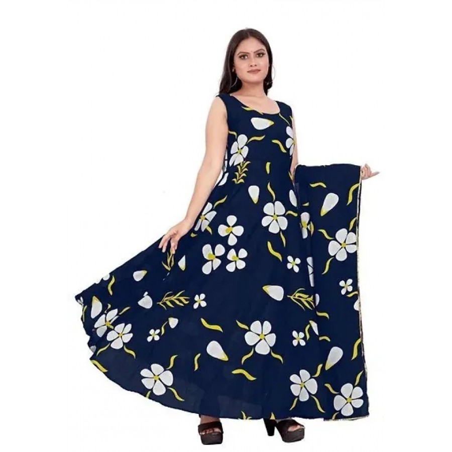 Elegant Navy Blue Printed Georgette Flared Gown With Dupatta