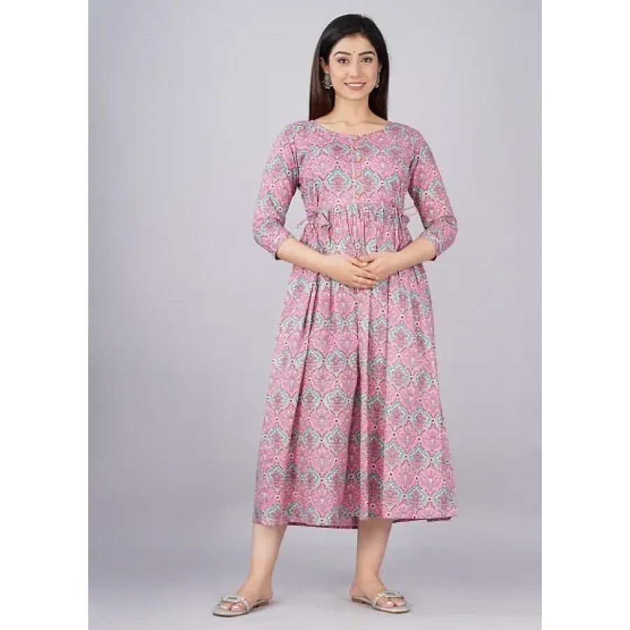 Elegant Pink Cotton Printed Maternity Gown For Women