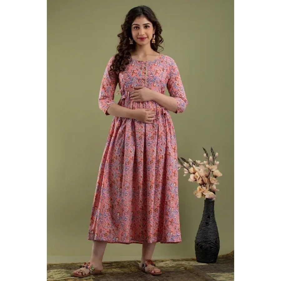 Elegant Pink Cotton Printed Maternity Gown For Women