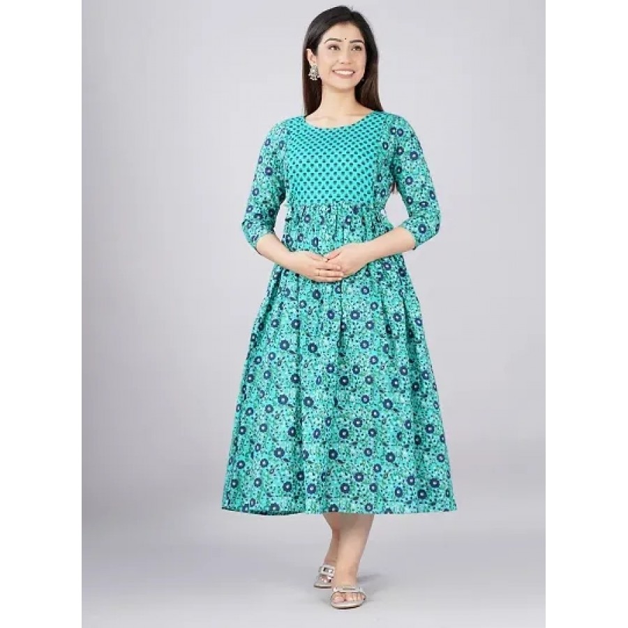 Elegant Turquoise Cotton Printed Maternity Gown For Women