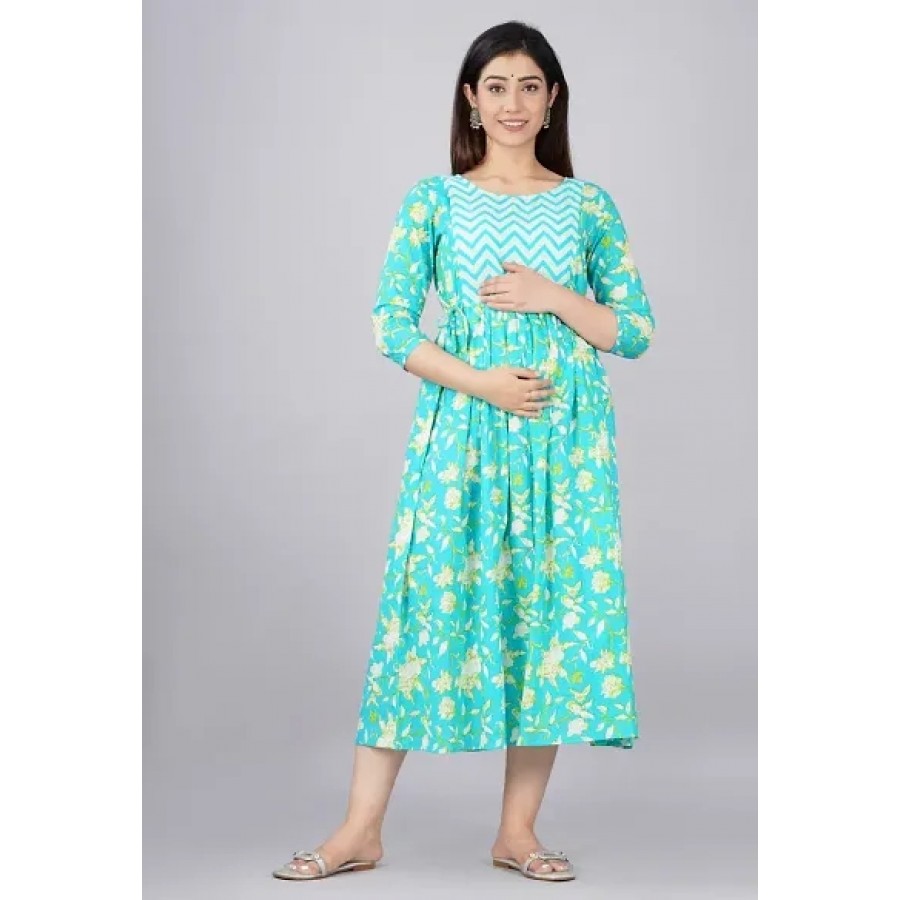 Elegant Turquoise Cotton Printed Maternity Gown For Women