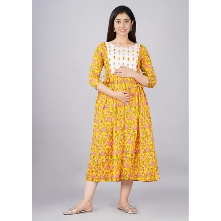 Elegant Yellow Cotton Printed Maternity Gown For Women