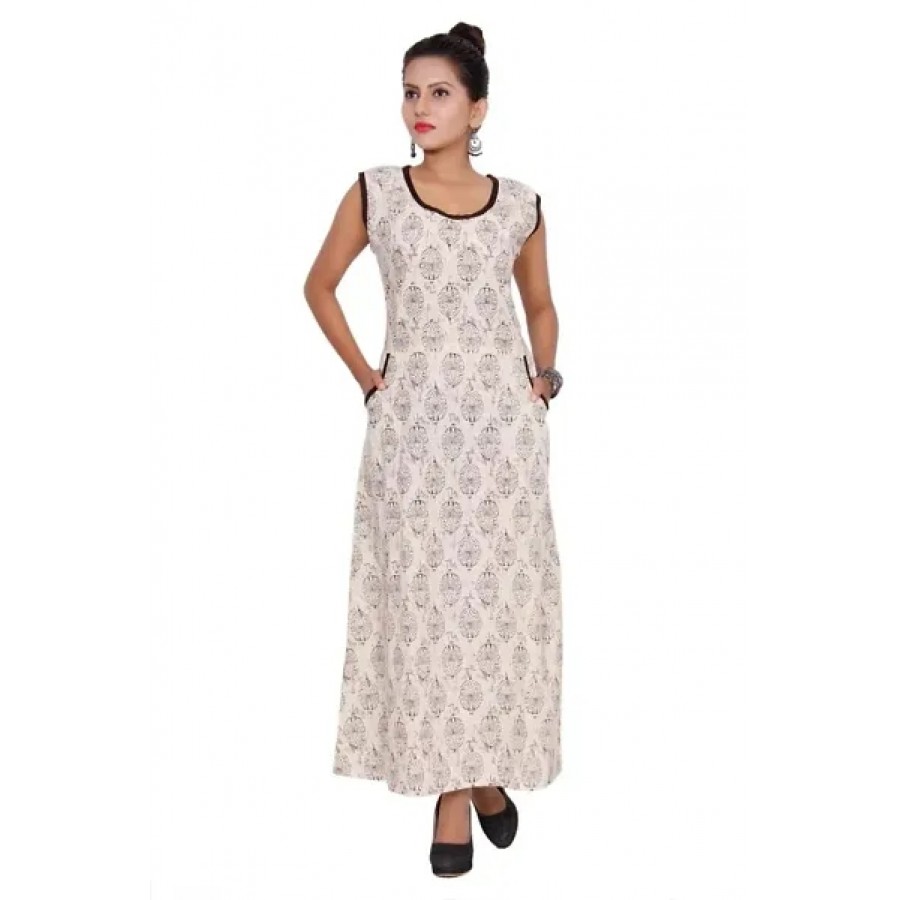 Elite Beige Cotton Printed Long Gown For Women