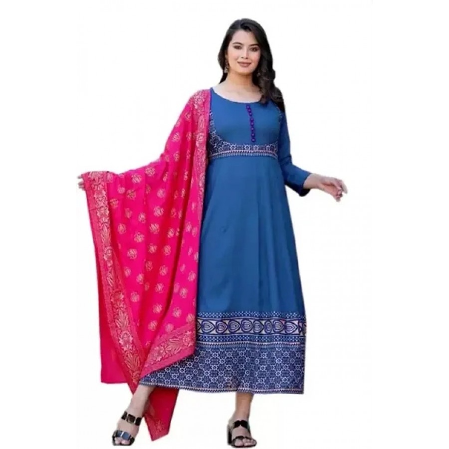 Fancy Cotton Rayon Ethnic Gowns With Dupatta For Women