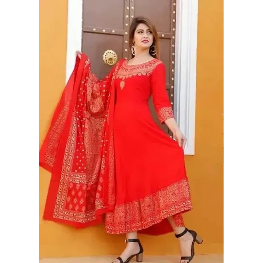 Fancy Rayon Ethnic Gowns With Dupatta For Women