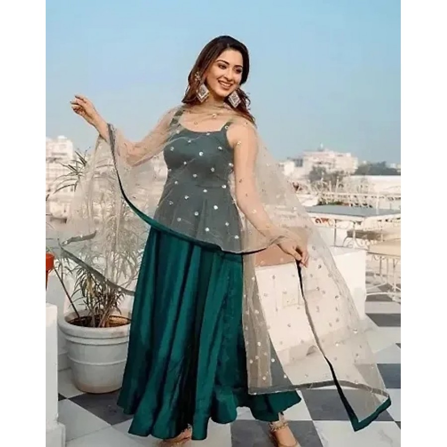 Fancy Satin Ethnic Gowns With Dupatta For Women