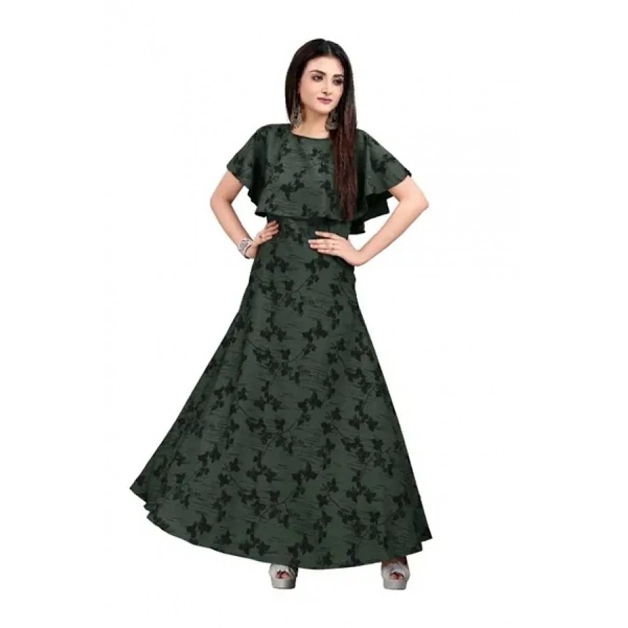 Green Crepe Floral Printed   Ruffle Sleeves Anarkali Gown